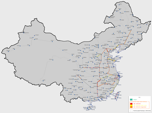 rychlovlaky - Čína - mapa vysokorychlostní železnice