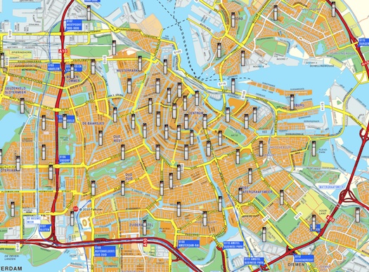 elektromobily - Amsterdam - mapa dobíjecích stanic