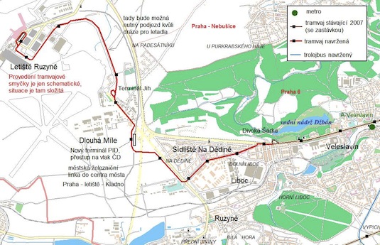 Praha tramvaj na letiště Ruzyně - mapa