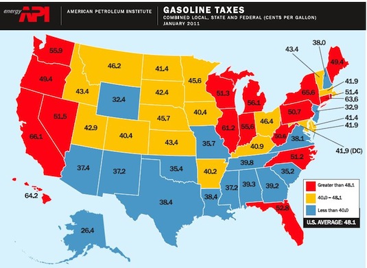 spojené státy americké daň z pohonných hmot ve státech unie