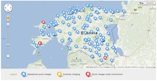 auto elektromobil mapa dobíjecích stanic rychlodobíjecí stanice pro elektromobily Estonsko