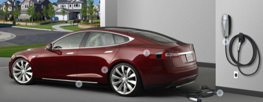 auto dobíjení elektromobilu Tesla Model S domácí dobíjecí stanice garáž