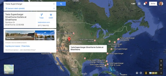 auto mapa Google rychlo-dobíjecí stanice Tesla Supercharger USA