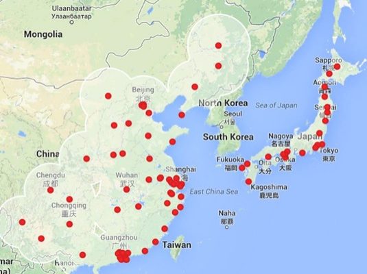 auto Tesla Supercharger síť dobíjecích stanic Asie mapa 2015