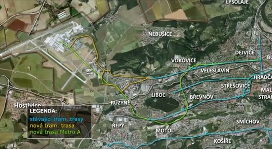 Mapa uvažovaných tras spojení centra Prahy s letištěm
