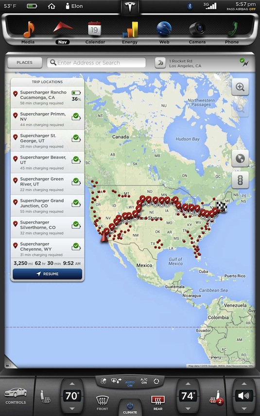 auto elektromobily Tesla Model S mapa navigace Trip Planner plánovač tras