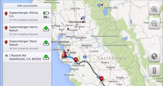 auto elektromobily Tesla Model S mapa navigace Trip Planner plánovač tras
