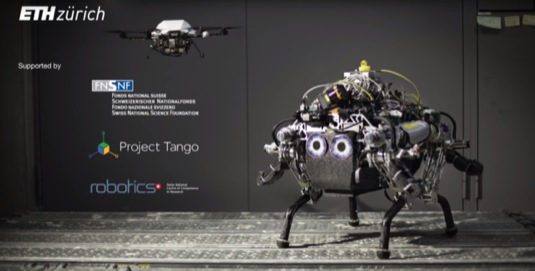 auto čtyřnohý robot a dron z ETH Zurich