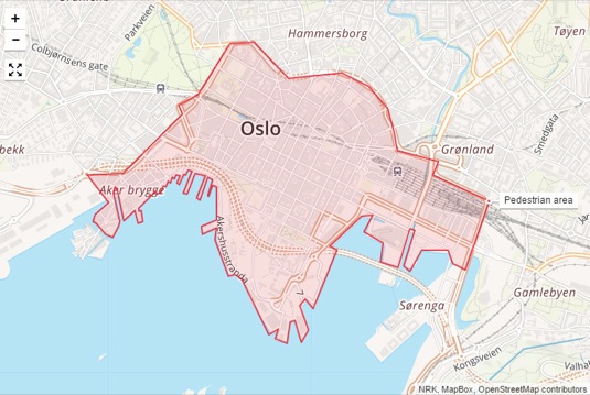 Mapa Osla, hlavního města Norska, kam bude autům zakázán vjezd