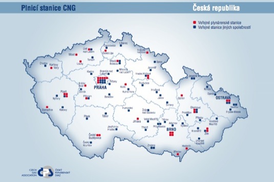 Mapa České republiky ukazuje rozložení CNG stanic