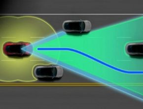 schéma toho co kolem sebe vidí současný systém Tesla Autopilot