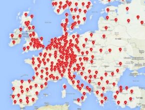 auto mapa nabíjecích stanic Tesla Supercharger Evropa 2016