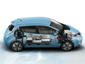 auto interní struktura řez elektromobilem Nissan Leaf