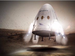 auto vesmírná loď Red Dragon společnosti SpaceX přistávající na Marsu