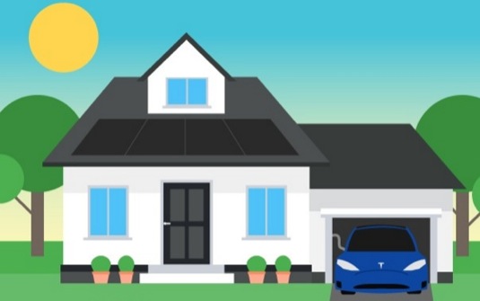 auto elektromobil Tesla Model S v domě se soárních elektrárnou SolarCity
