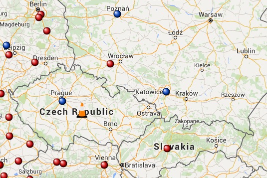 auto Supercharge.info mapa nabíjecích stanic Tesla Supercharger Polsko Česko Slovensko Rakousko Německo