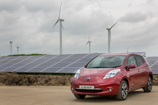 auto elektromobil Nissan Leaf obnovitené zdroje energie solární panely větrné elektrárny