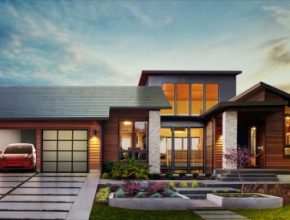auto Tesla rodinný dům solární šindele střecha elektromobil úložné zařízení Baterie Powerwall