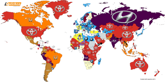Nejvyhledávanější automobilové značky v jednotlivých zemích světa podle internetového vyhledávače Google (klikněte pro zvětšení)