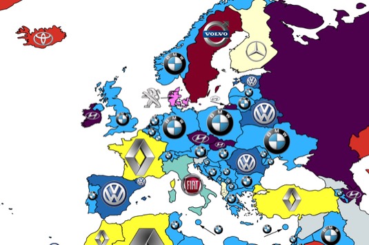 auto nejvyhledávanější automobilové značky v Evropě mapa