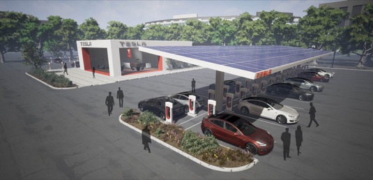 auto Tesla Supercharger nabíjecí stanice nabídnou desítky stojanů
