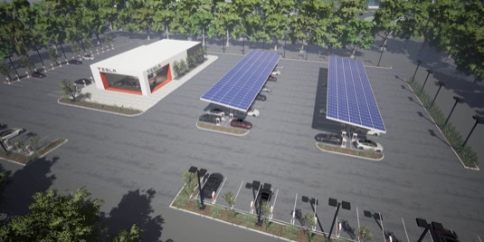 auto Tesla Supercharger nabíjecí stanice pro elektromobily solární panely elektrárna
