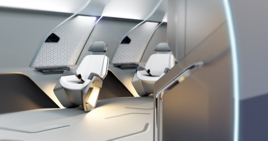 Interiér kapsle dopravního systéme Virgin Hyperloop One, který by mohl poprvé vyrůst v Dubaji.