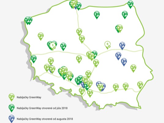 auto mapa nabíjecích stanic sítě GreenWay Polsko