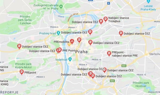 auto Google Maps mapy nabíjecí stanice ČEZ PRE