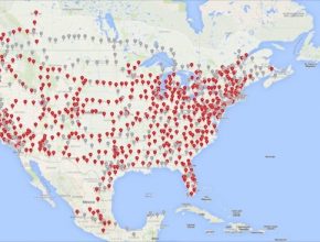 auto Tesla mapa Superchargery USA Kanada