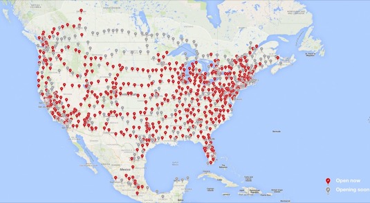 auto Tesla mapa Superchargery USA Kanada