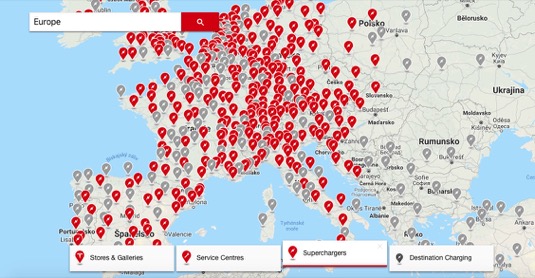 auto mapa nabíjecích stanic síť Tesla Supercharger Evropa