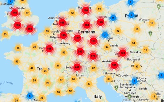 auto mapa nabíjecích stanic rychlonabíječky CCS Evropa