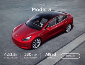 auto elektromobil Tesla Model 3 konfigurátor