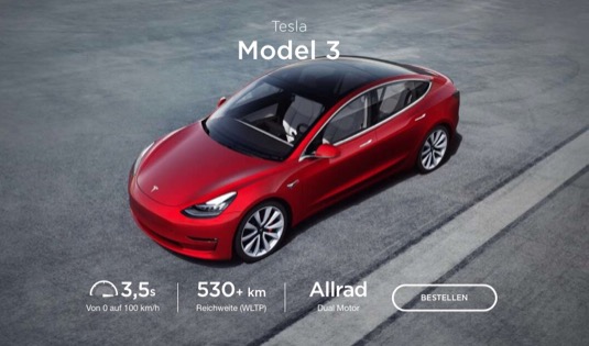 auto elektromobil Tesla Model 3 konfigurátor