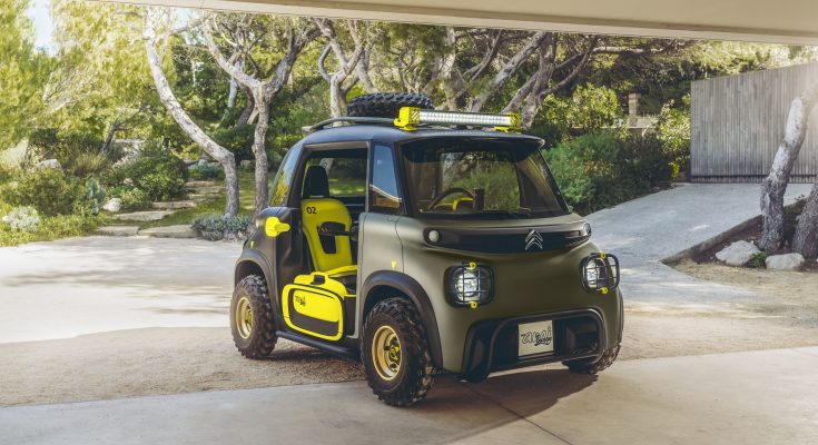 Elektromobil Citroën My Ami Buggy Concept je vyjádřením vize modelu Ami jako volnočasového vozu, který zákazníkům umožňuje zažít zábavu při výletech v plně elektrickém „objektu mobility“, který se pyšní dobrodružným stylem. foto: Citroën