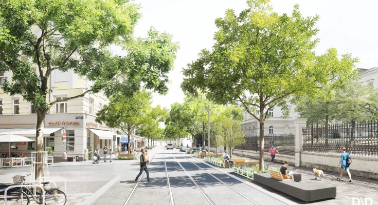 Klimatická revitalizace ulice Thaliastraße ve Vídni. foto: (c) DnD Landschaftsarchitektur
