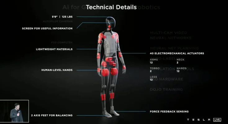 Humanoidní robot Tesla Optimus má zejména pomoct nahradit lidskou pracovní sílu v továrnách. foto: Tesla