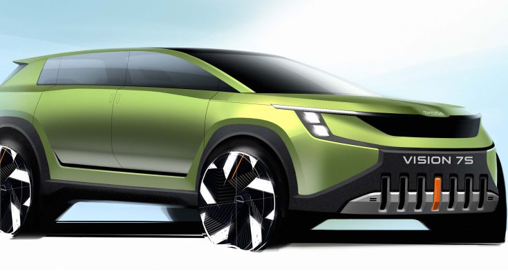 První zveřejněný nákres exteriéru elektromobilu Škoda Vision 7S. foto: Škoda Auto