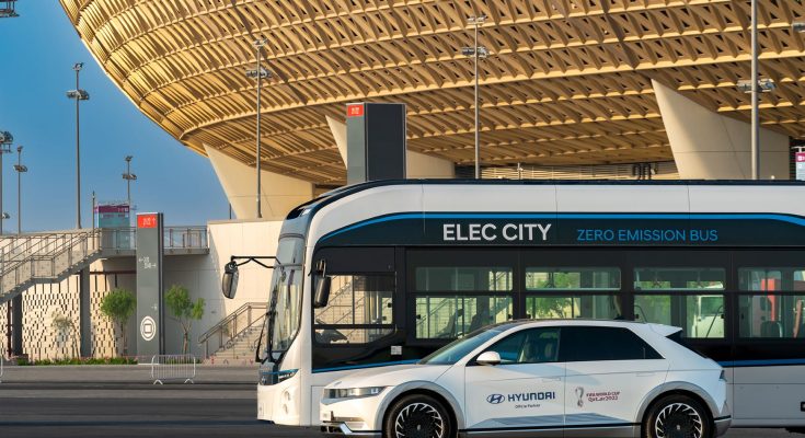 Elektrobus Elec City a elektromobil Hyundai Ioniq 5 patří do flotily ekologických vozidel, která zajistí dopravu na Mistrovství světa ve fotbale. foto: Hyundai