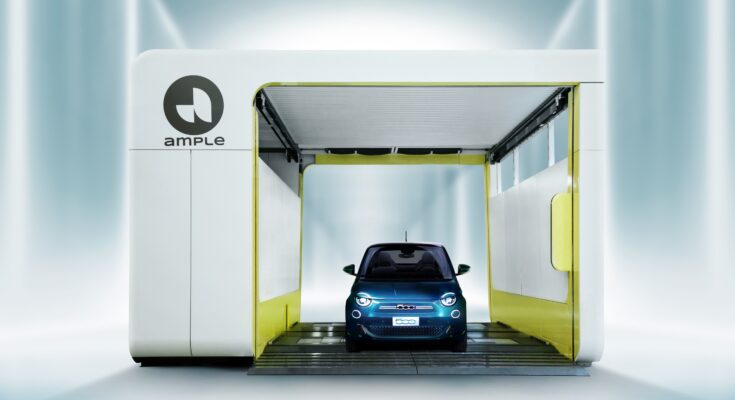 Inovativní řešení výměny baterií, které je schopné dodat plně nabitou baterii za méně než pět minut. První projekt, který má být v Evropě zahájen v roce 2024 v rámci flotily sdílených vozů Fiat 500e společnosti Free2move. foto: Stellantis